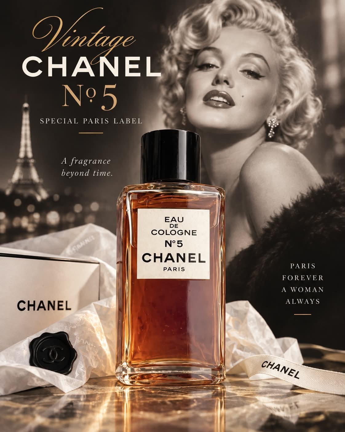 CHANEL No.5 Vintage Eau de Cologne Special PARIS Label Full Bottle 4 Fl Oz
