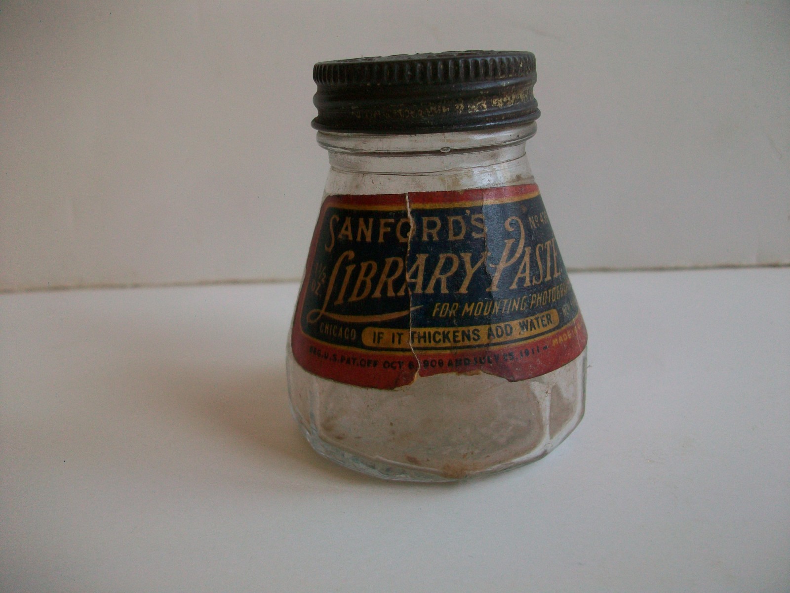 Vtg Sanford\'s Library Paste jar with paper label & metal embossed lid 1 1/2 oz