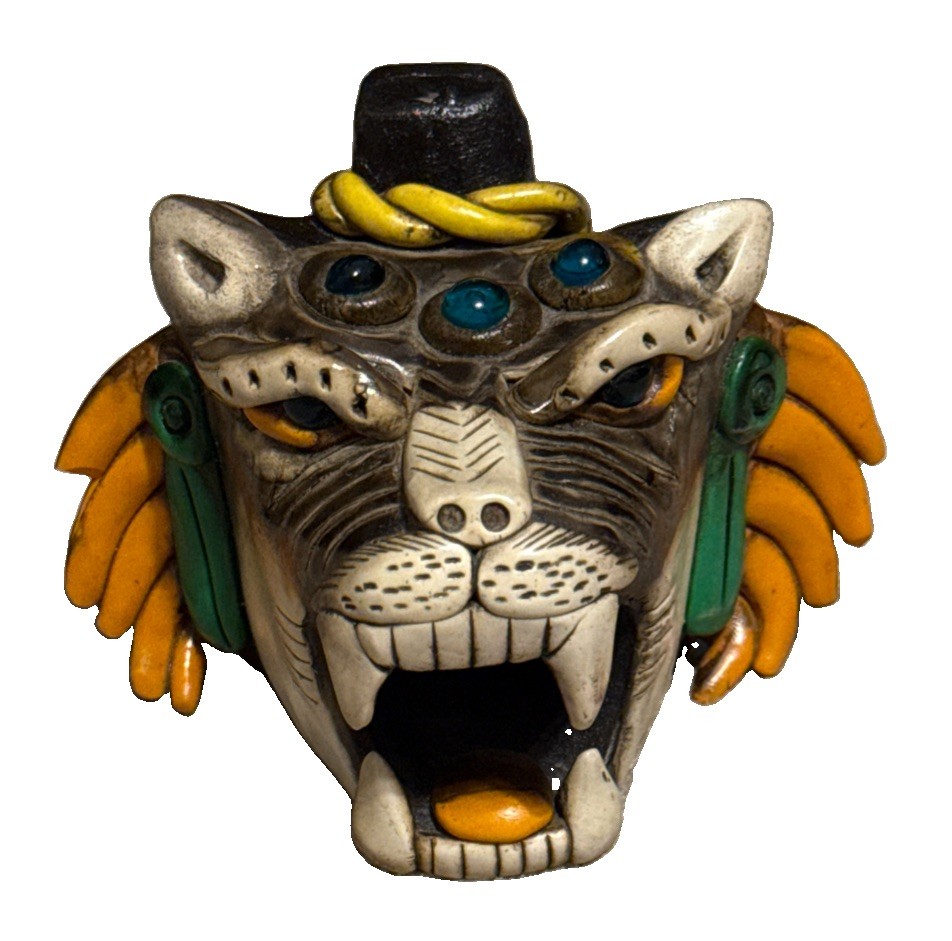 Vtg Aztec Jaguar Death Whistle Jeweled Face Clay Pottery Scream - Flaw/As Is
