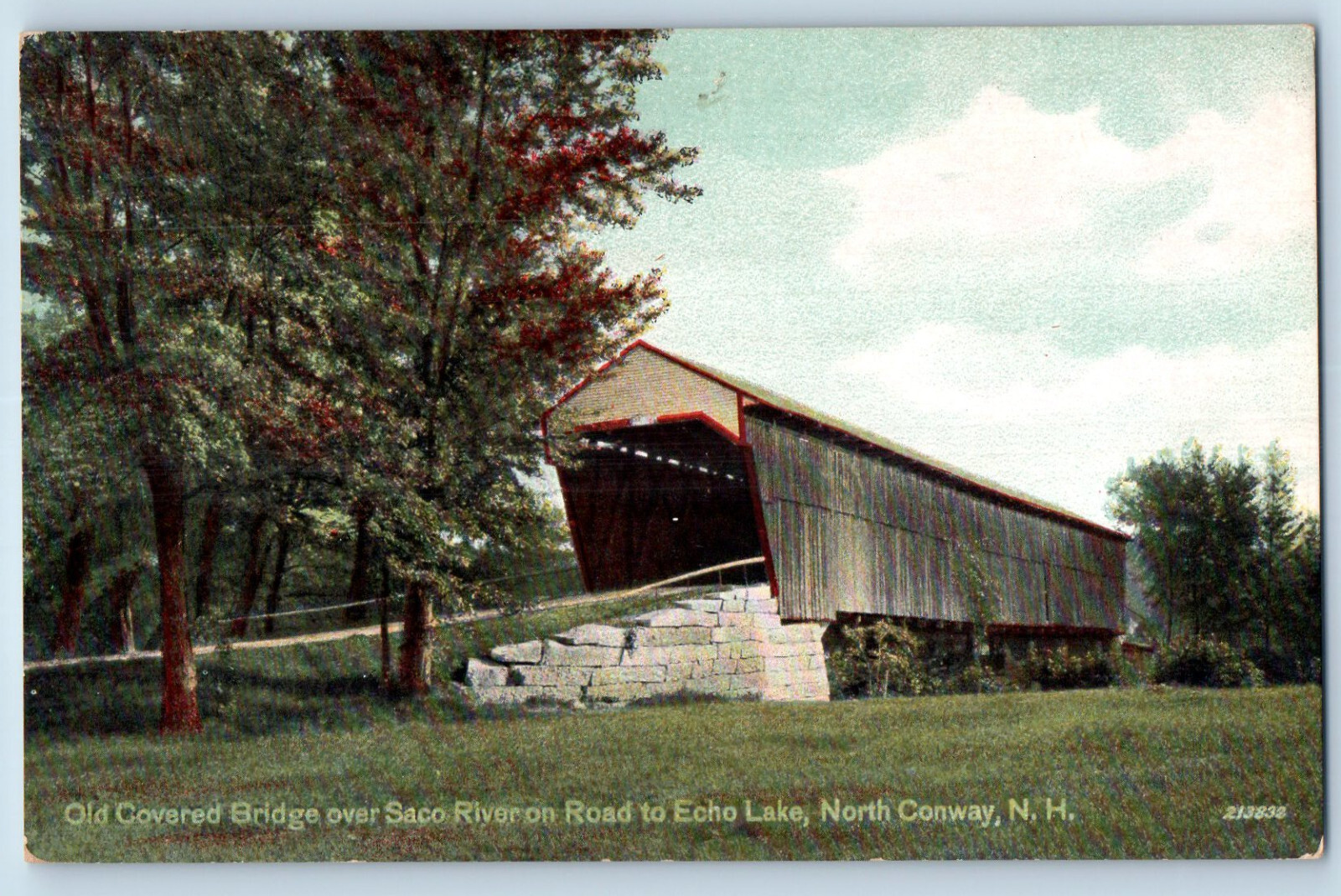 North Conway NH Postcard Old Covered Bridge Saco River Road to Echo Lake c1910