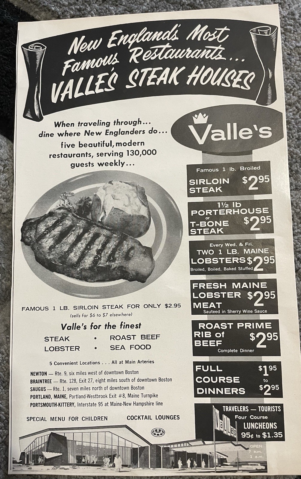 Valle’s Steak Houses Print Advertisement    Vintage 1964