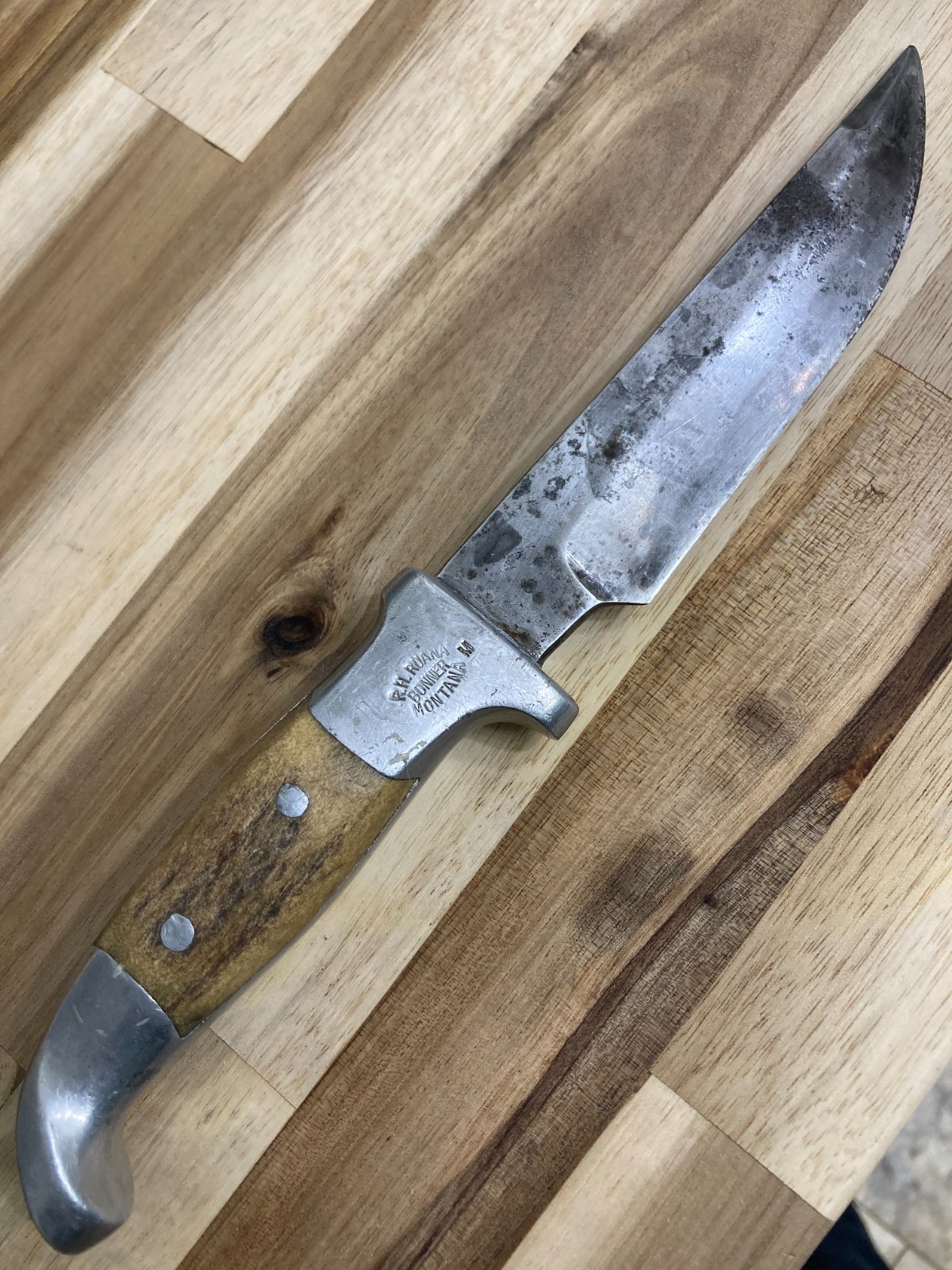 1944 Custom Made R. H. Ruana Bonner Montana Hunting Knife with Horn Handle