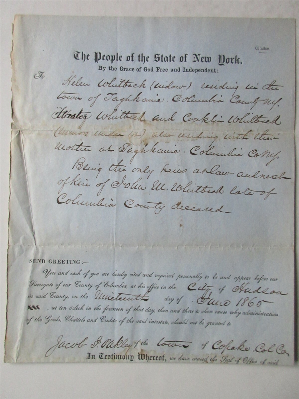 1865 Citation signed by Charles Esselstyn Surrogate Judge of Columbia County NY 1865 Citation signed by Charles Esselstyn Surrogate Judge of Columbia County NY
