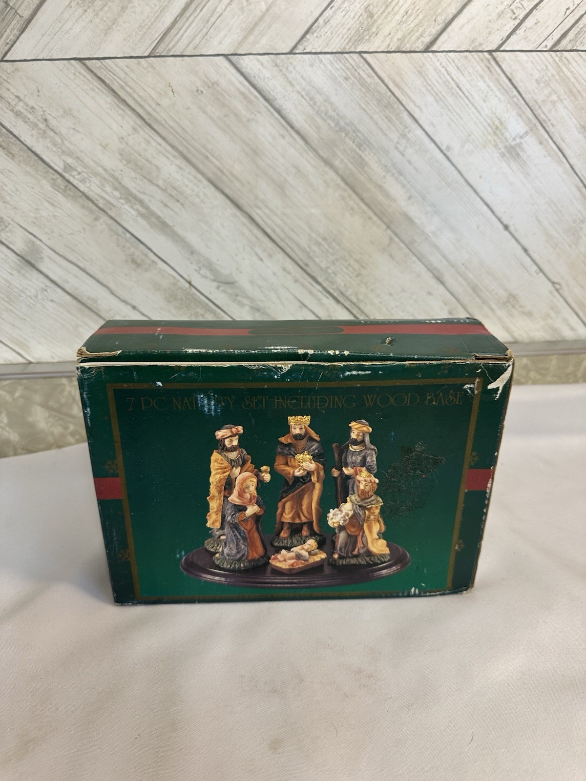 Vintage Kirkland's 7 Pc Nativity Set Wood Base Original Box Christmas 034468