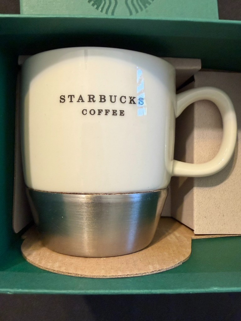 Starbucks 2006 White Ceramic 10oz Coffee Mug w/Metal Base Bottom in Original Box