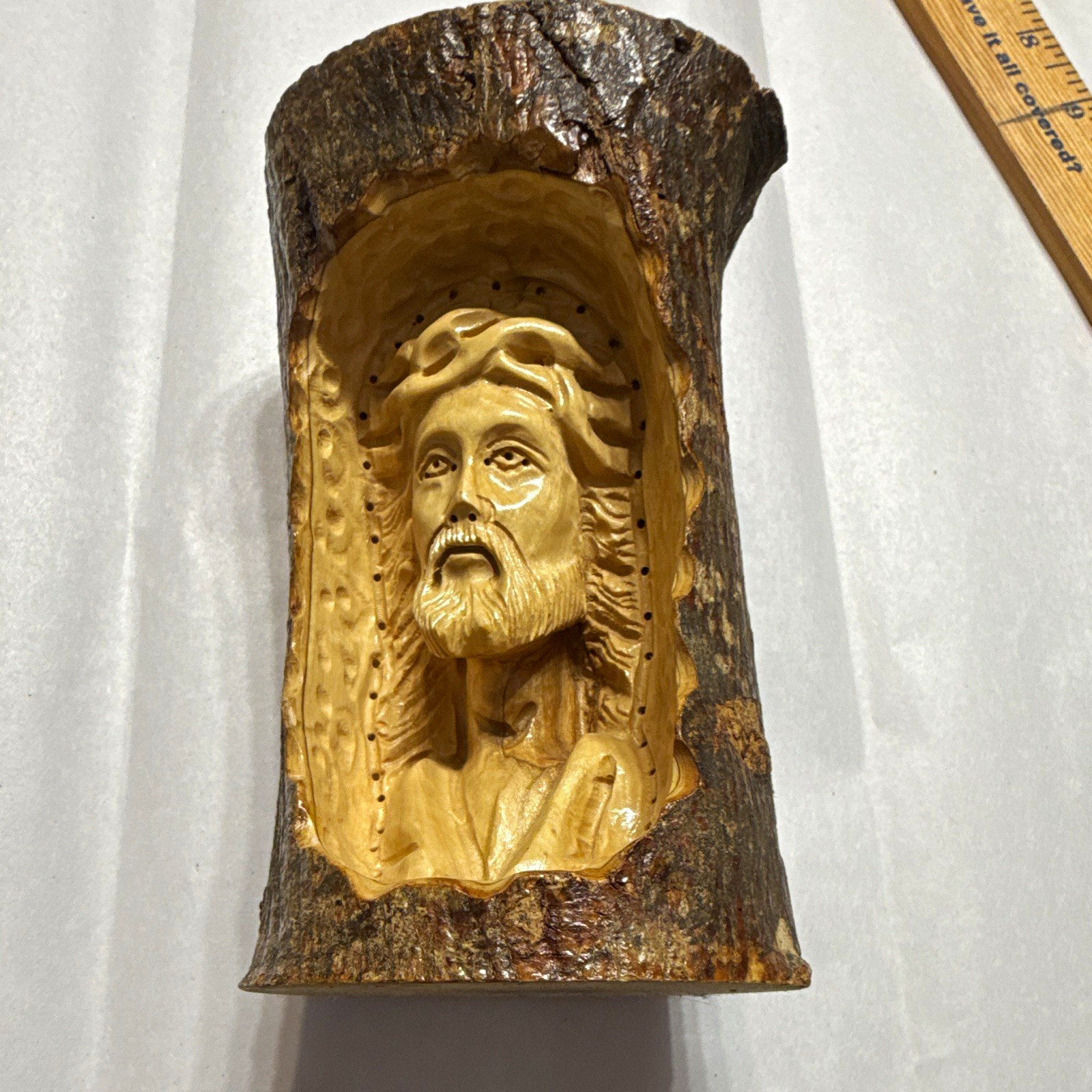 Handmade Hand-Carved Wood Jesus Log Relief Figure Carving, Christianity