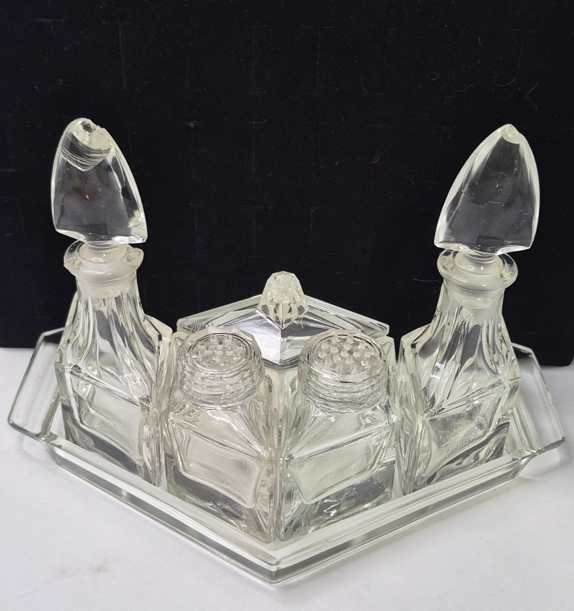 1930s Art Deco Czech Glass Condiment Cruet Set Diamond Chevron Tray