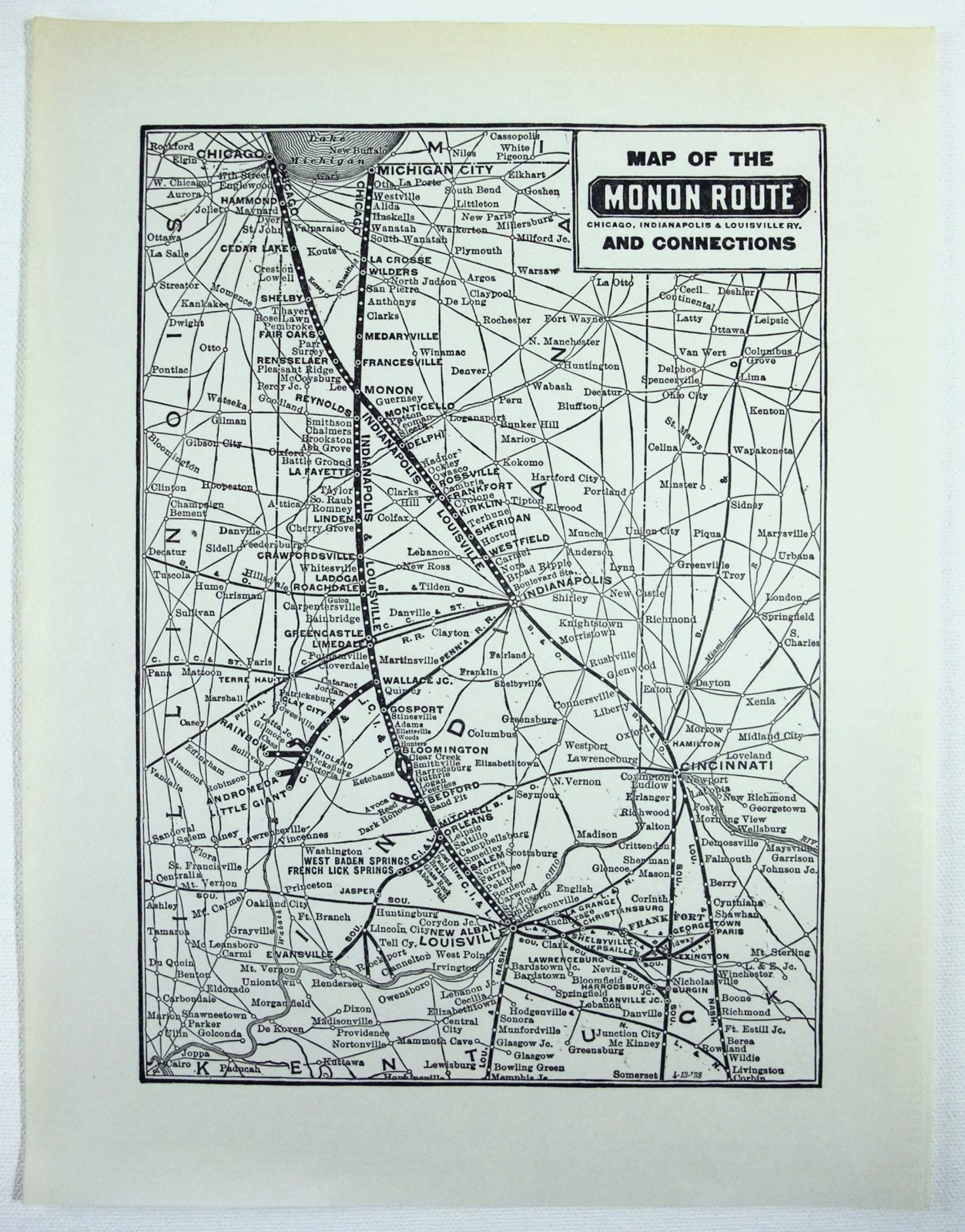 Monon Route - Original 1941 Railroad System Map. Vintage Railway Monon Route - Original 1941 Railroad System Map. Vintage Railway