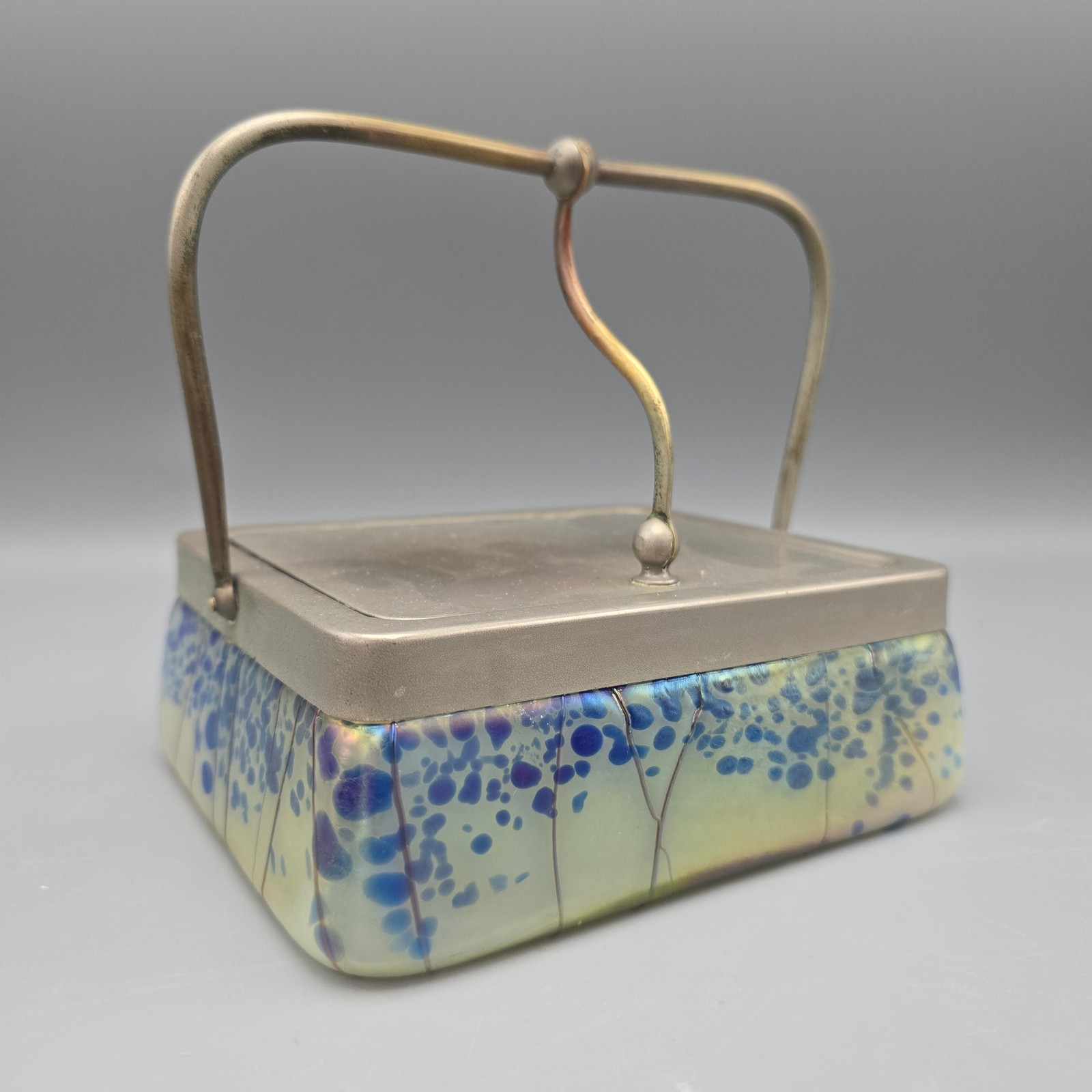 Vintage Loetz Style Art Nouveau Lidded Box with an Iridescent Art Glass Base