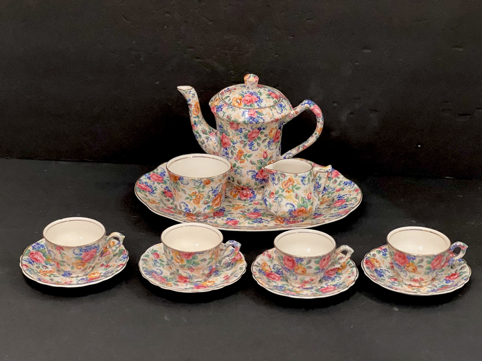 1930s - Chintz \'Rosalynde\' Longton James Kent LTD Complete Server Tea Set Gold G