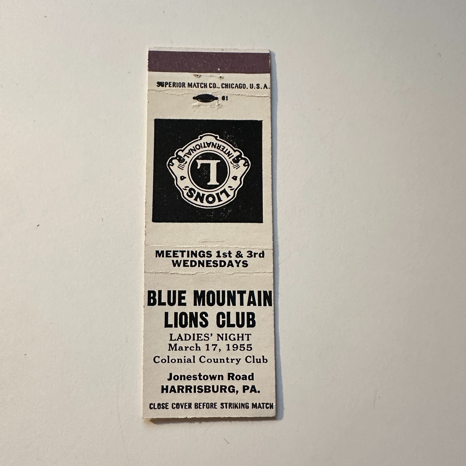 Blue Mountain Lions Club Harrisburg PA Vintage Matchbook Cover 5MB126-1-4
