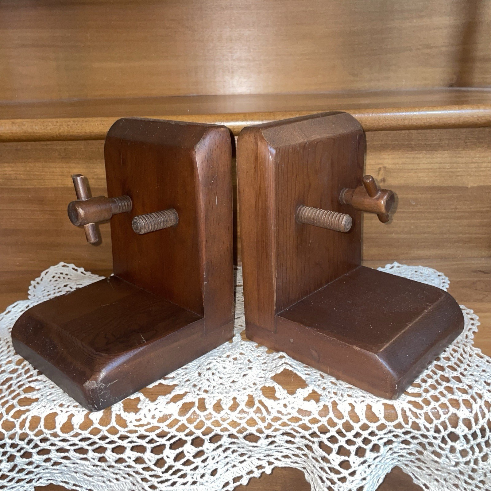 Vtg MCM Hand Tooled Solid Wood Book Ends Industrial Art Man Cave 60s 70s NOS