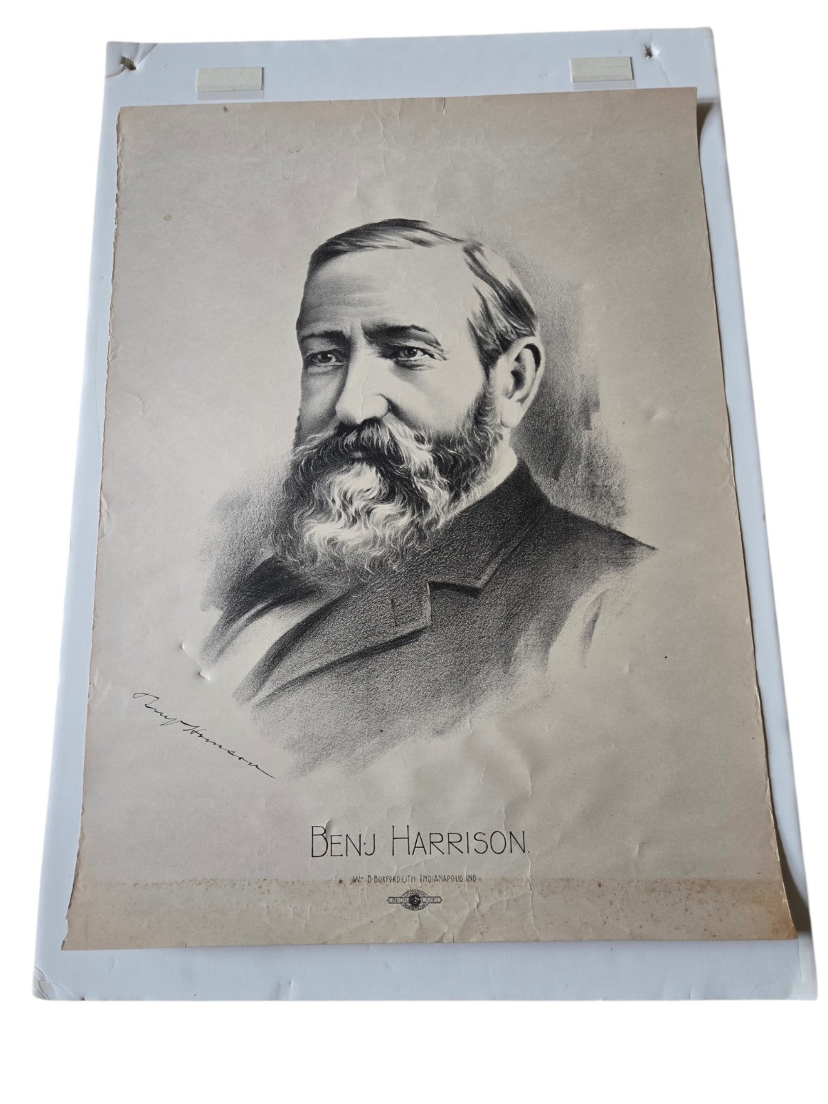Vintage 1888 Benjamin Harrison Campaign Poster Wm B Burford Litho Indianapolis