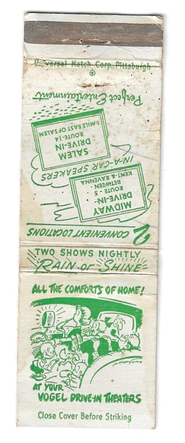 VINTAGE MIDWAY KENT REVENNA & SALEM OHIO DRIVE IN MOVIE THEATRE MATCHBOOK COVER