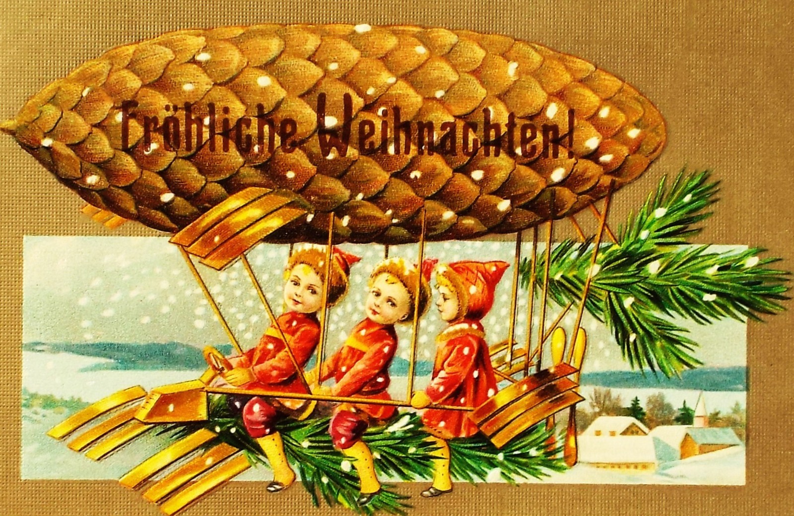 RARE FANTASY 1910 Santa Elf Helpers Pine Cone Zeppelin Christmas Germany Berlin