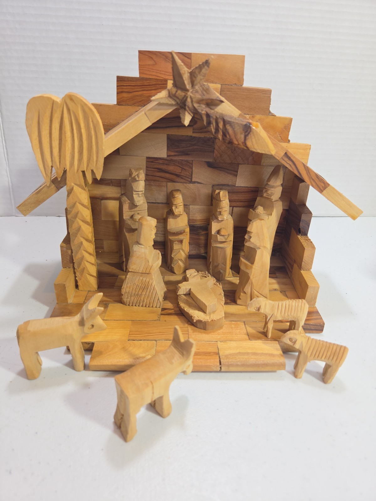 Vintage Christmas Hand Carved Bethlehem Olive Wood Nativity Set 13 Pc Holy Land 