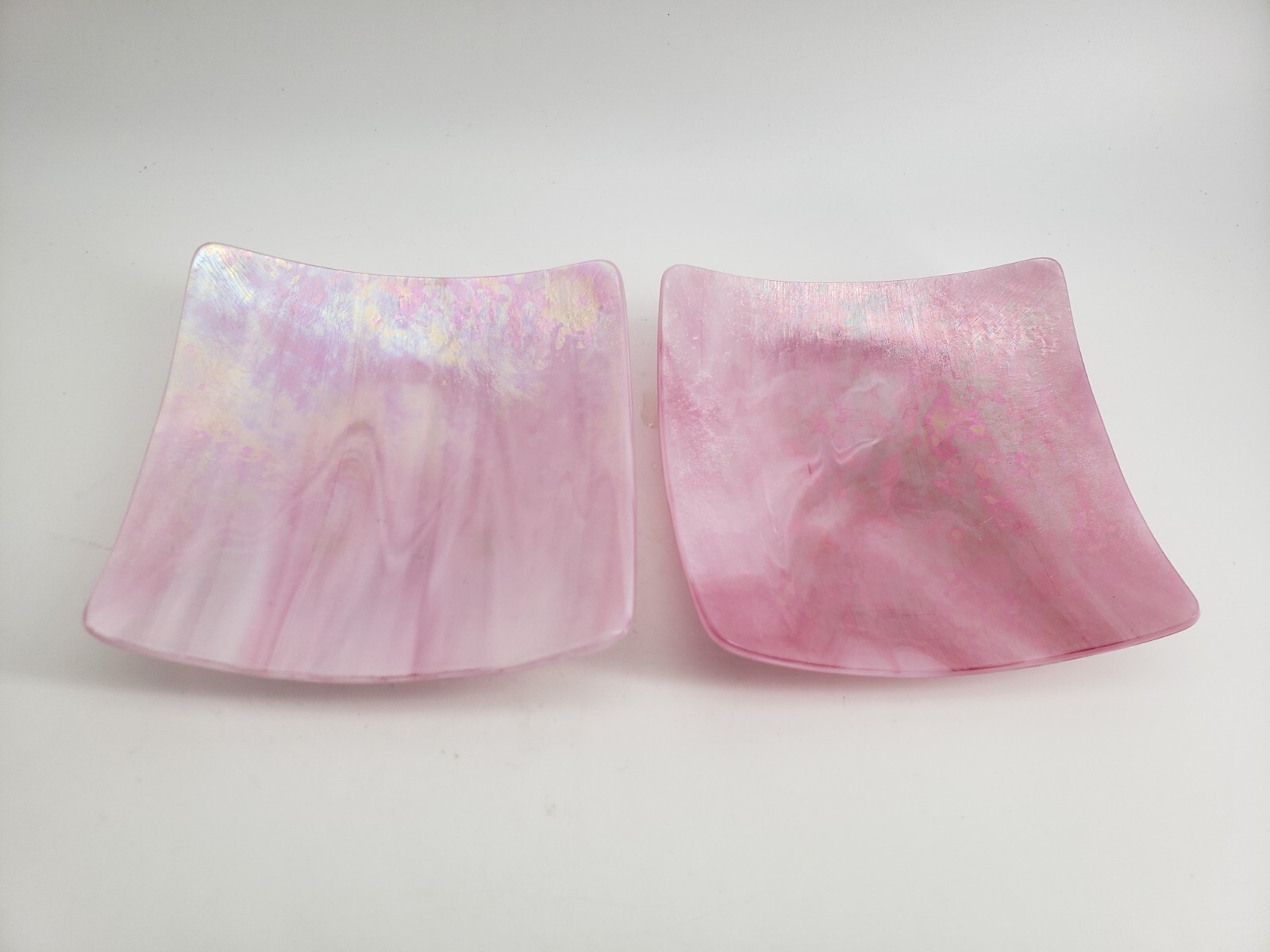 Pink Iridescent Slag Glass Open Trinket Dish set of 2, 4.5in Sq