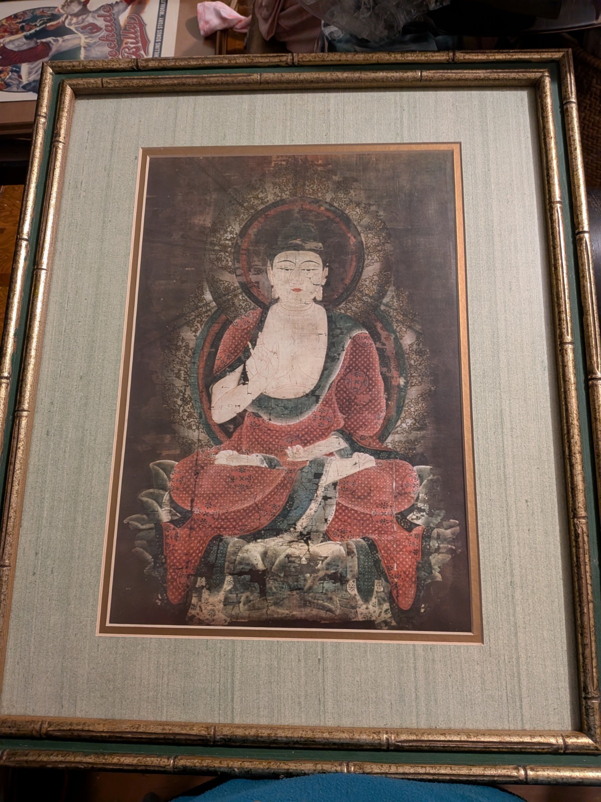 Vintage Japanese Shaka Nyorai Buddha Print Framed Silk Mat Faux Bamboo 21x17