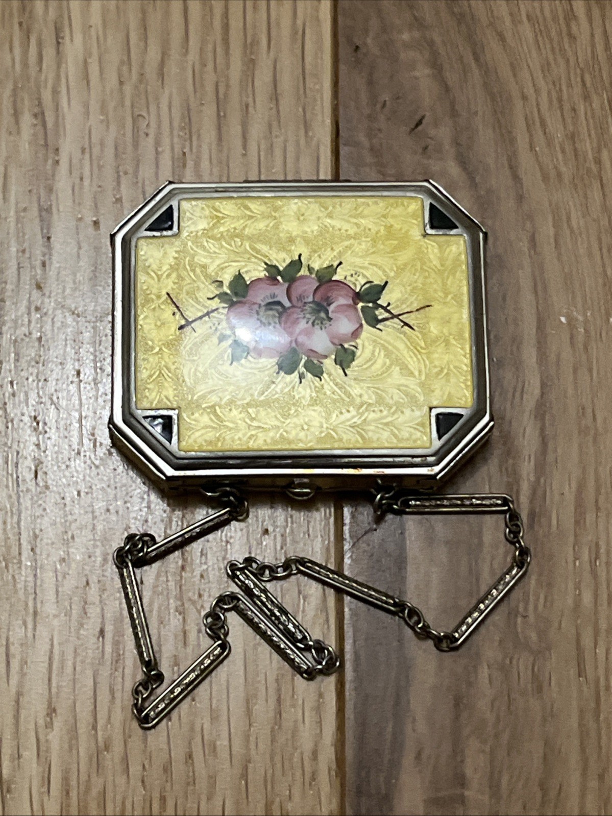 Antique 1920’s  Art Deco Guilloche  Enamel Compact Purse W/ Wristlet Yellow Rose