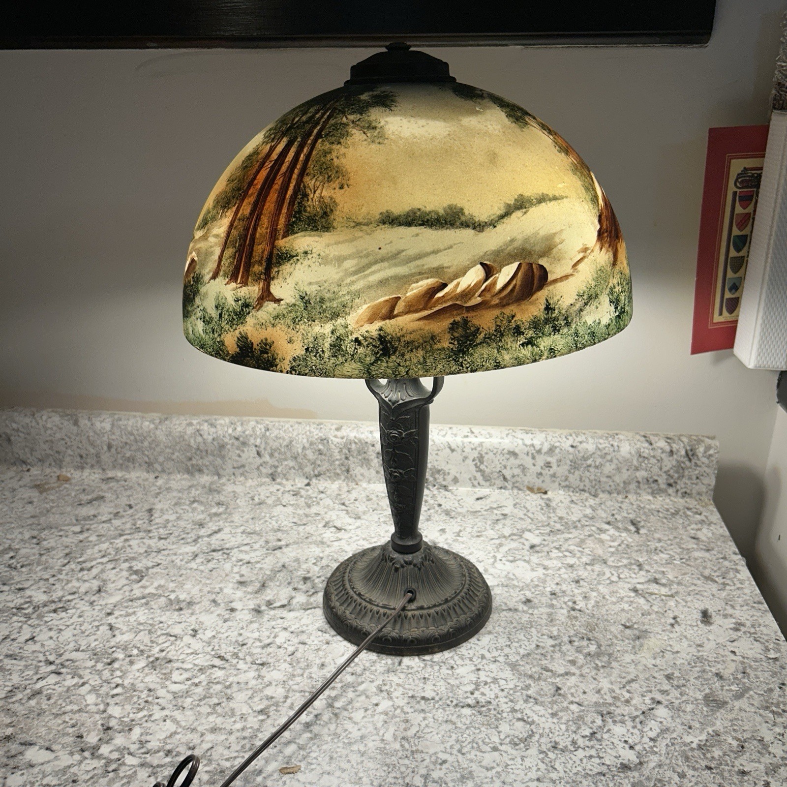Antique Pittsburgh PLB&G Co 1808 Painted Scenic Glass Table Lamp
