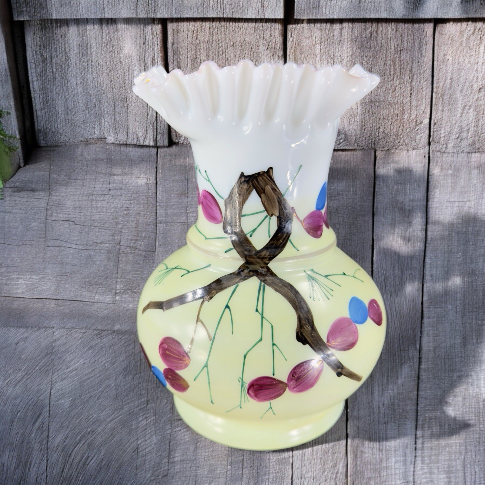 Antique Hand Painted Vase Vessel With Crest Wavy Edges Vintage Glass Decor Vase