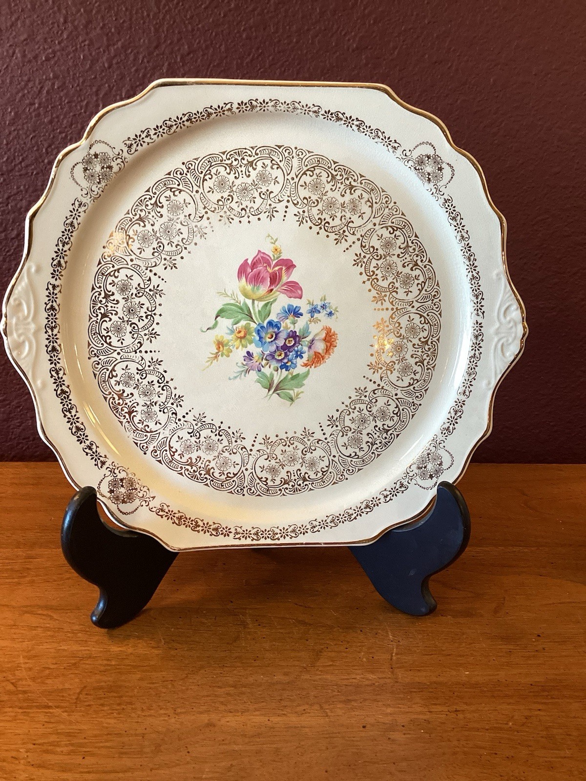 Vintage Queen Anne Porcelain Square Handled Serving Platter With 22K Gold Trim Vintage Queen Anne Porcelain Square Handled Serving Platter With 22K Gold Trim