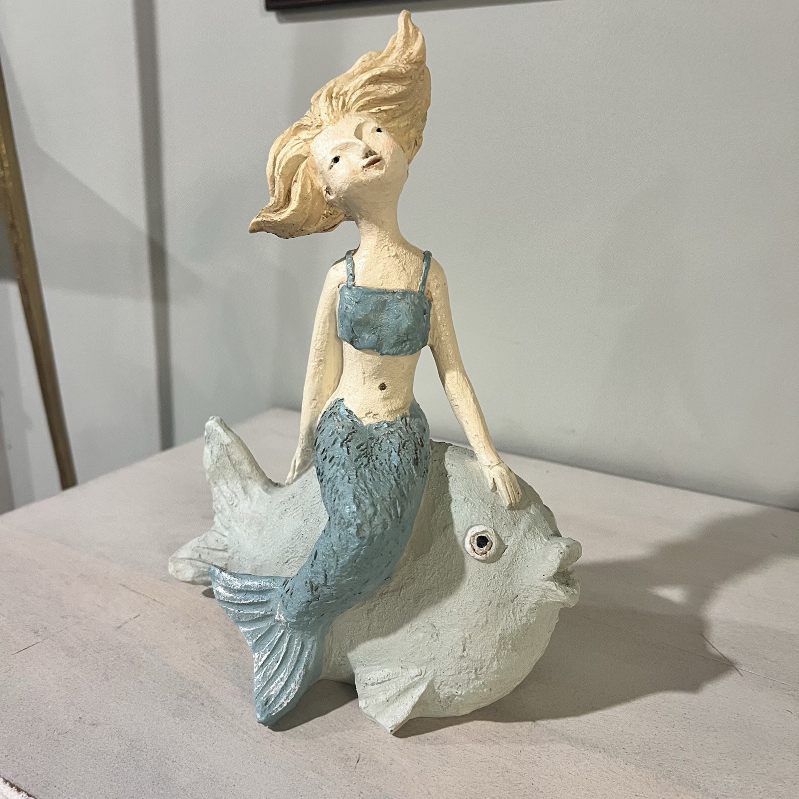 Whimsical Mermaid Statue Sitting On Fish 10.25\