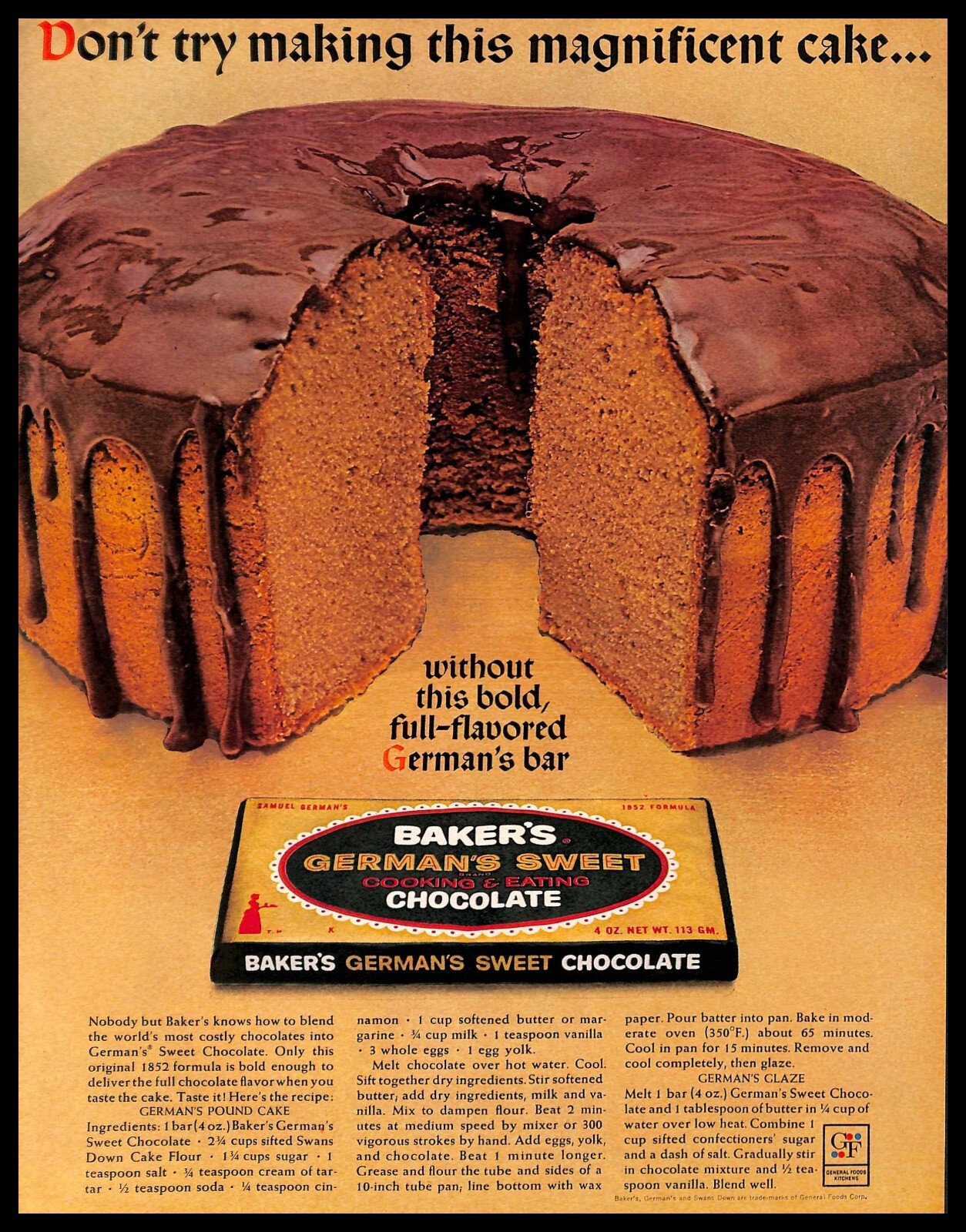 1963 Baker\'s German\'s Sweet Chocolate Vintage PRINT AD Pound Cake Recipe