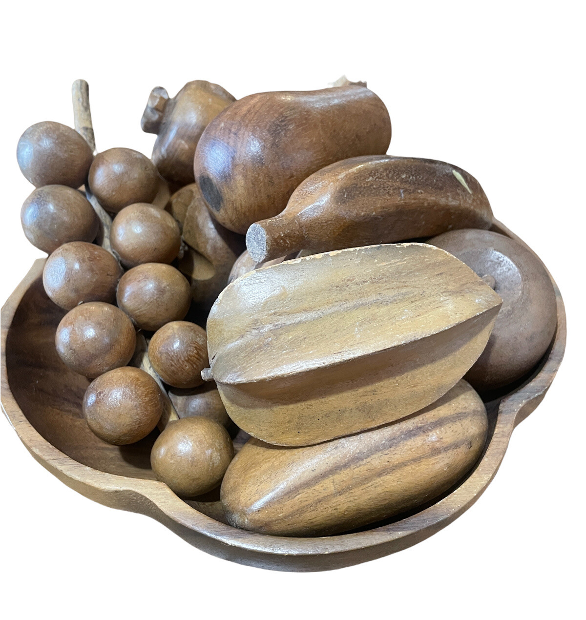 Vintage Monkey Pod Wood Large 10” Shallow Salad Bowl 2” Deep Wood Fruit Grapes
