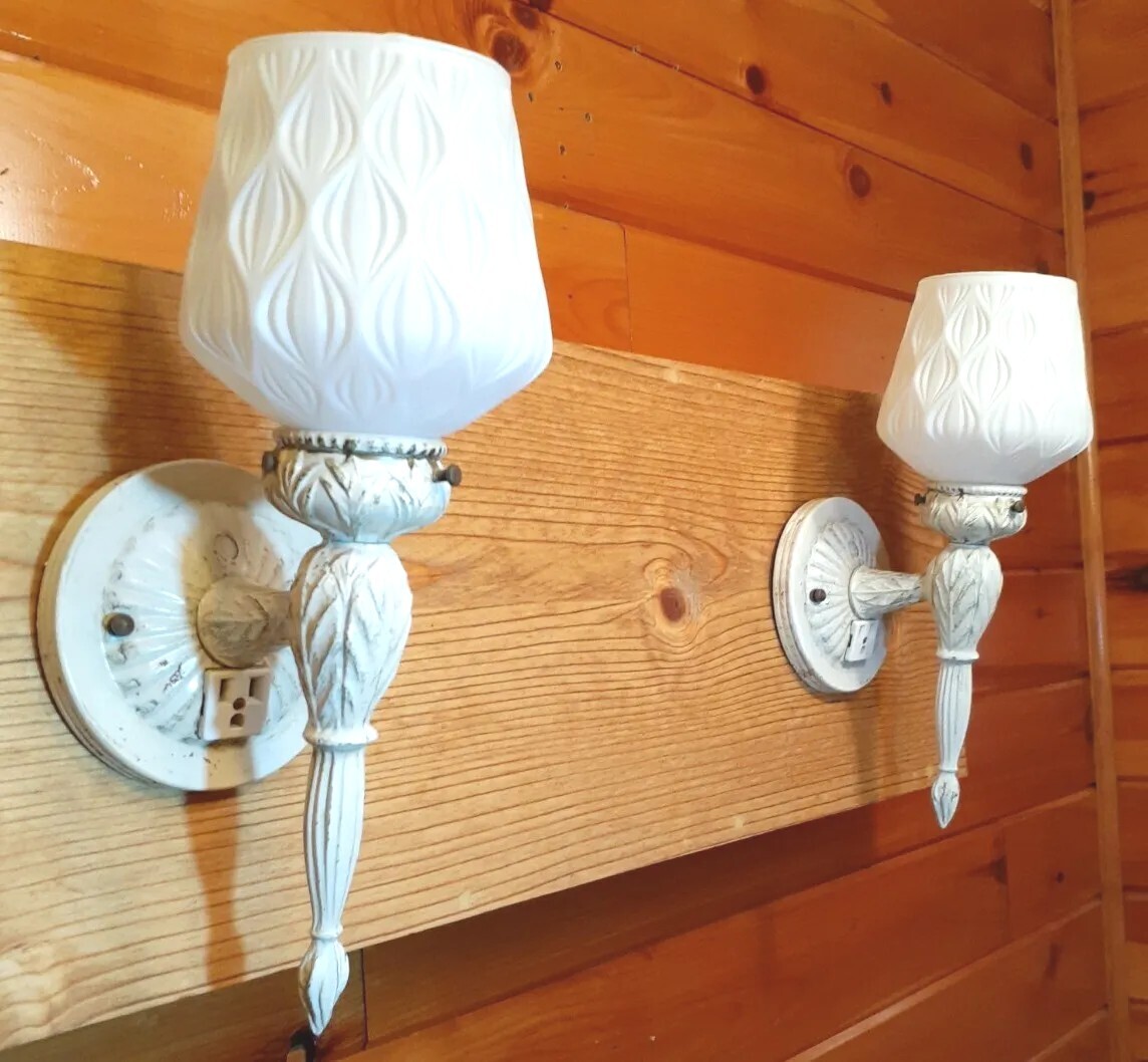 Vtg 1950-70's MCM Hollywood Regency Indoor Wall Sconce Set2 Torch Light Fixtures