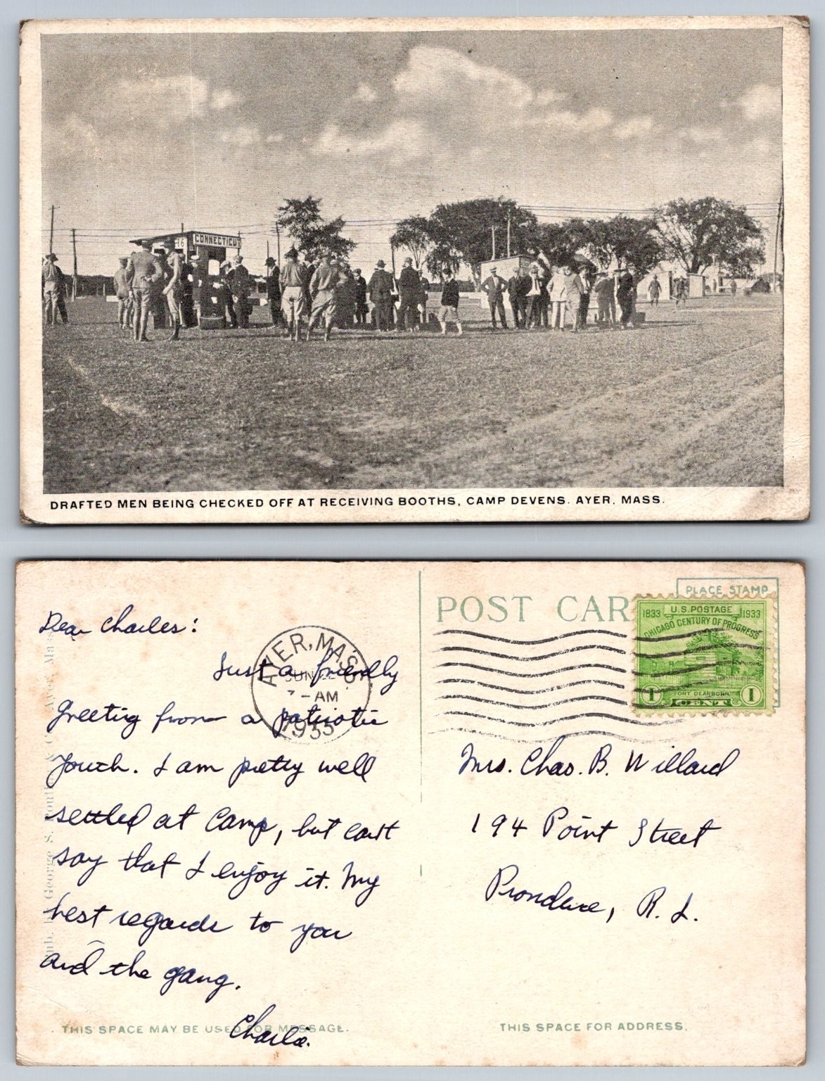 1933 Camp Devens Ayer MA Drafted Men Military Postcard WWI Era