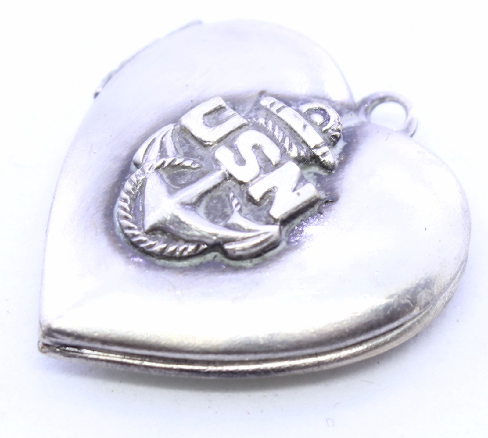 Vintage USN Navy Military Sweetheart Puffy Heart Charm Double Photo Locket
