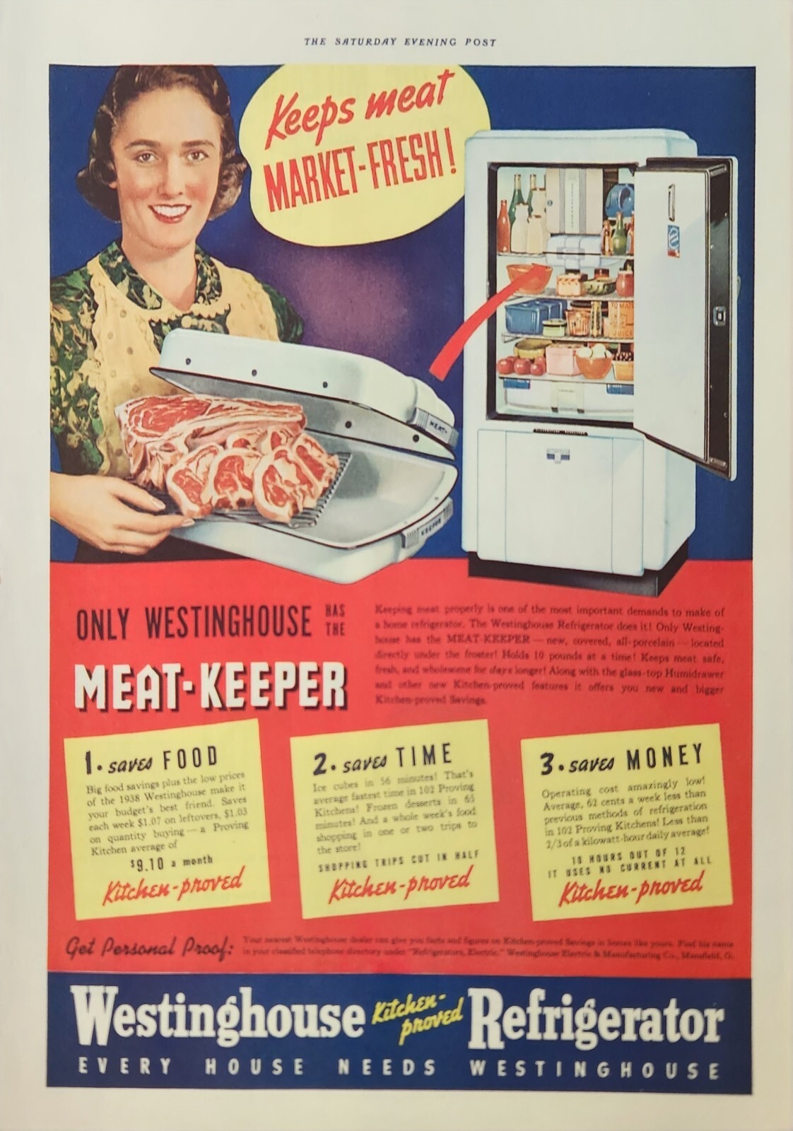 1938 Westinghouse refrigerator Vintage Ad keeps meat market fresh