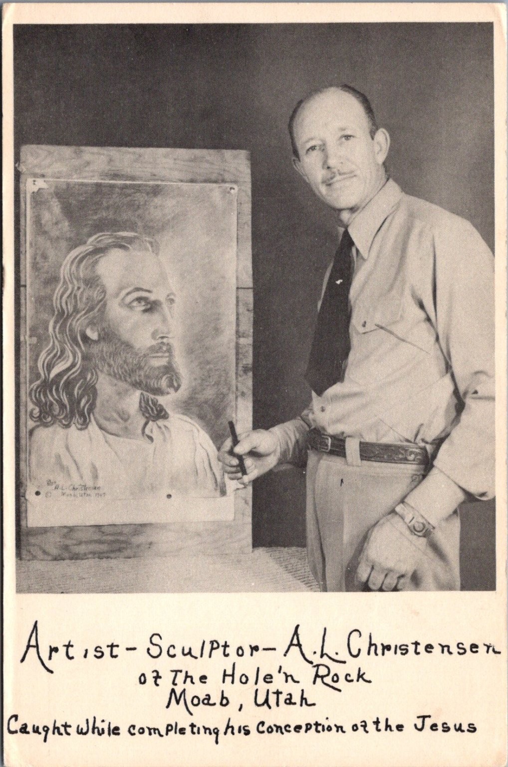 RPPC A. L. Christensen Sculptor Hole N\' The Rock Jesus Moab Utah 1940s-50s