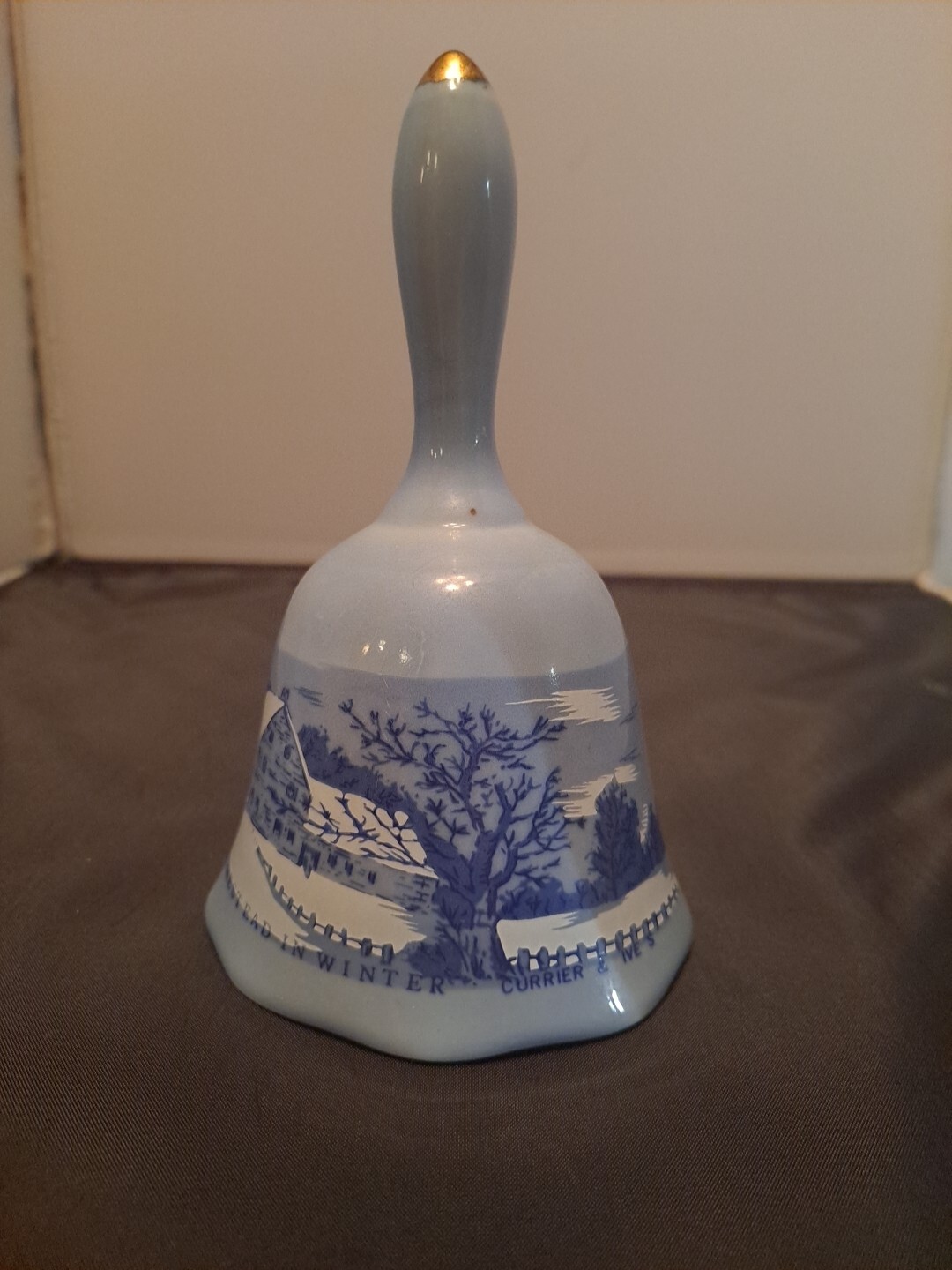 Vintage Currier and Ives Blue Porcelain Bell The Old Homestead in Winter Vintage Currier and Ives Blue Porcelain Bell The Old Homestead in Winter