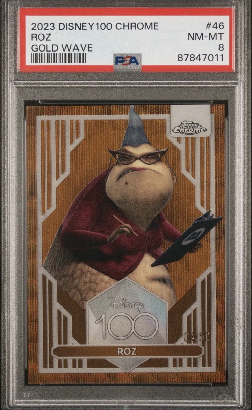 2023 Topps Chrome Disney 100 Roz #46 Gold Wave /50 PSA 8