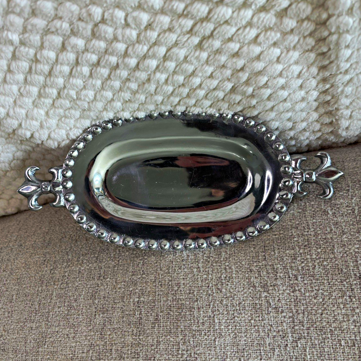 Mariposa String of Pearls Oval Serving Tray with Fleur De Lis Handles