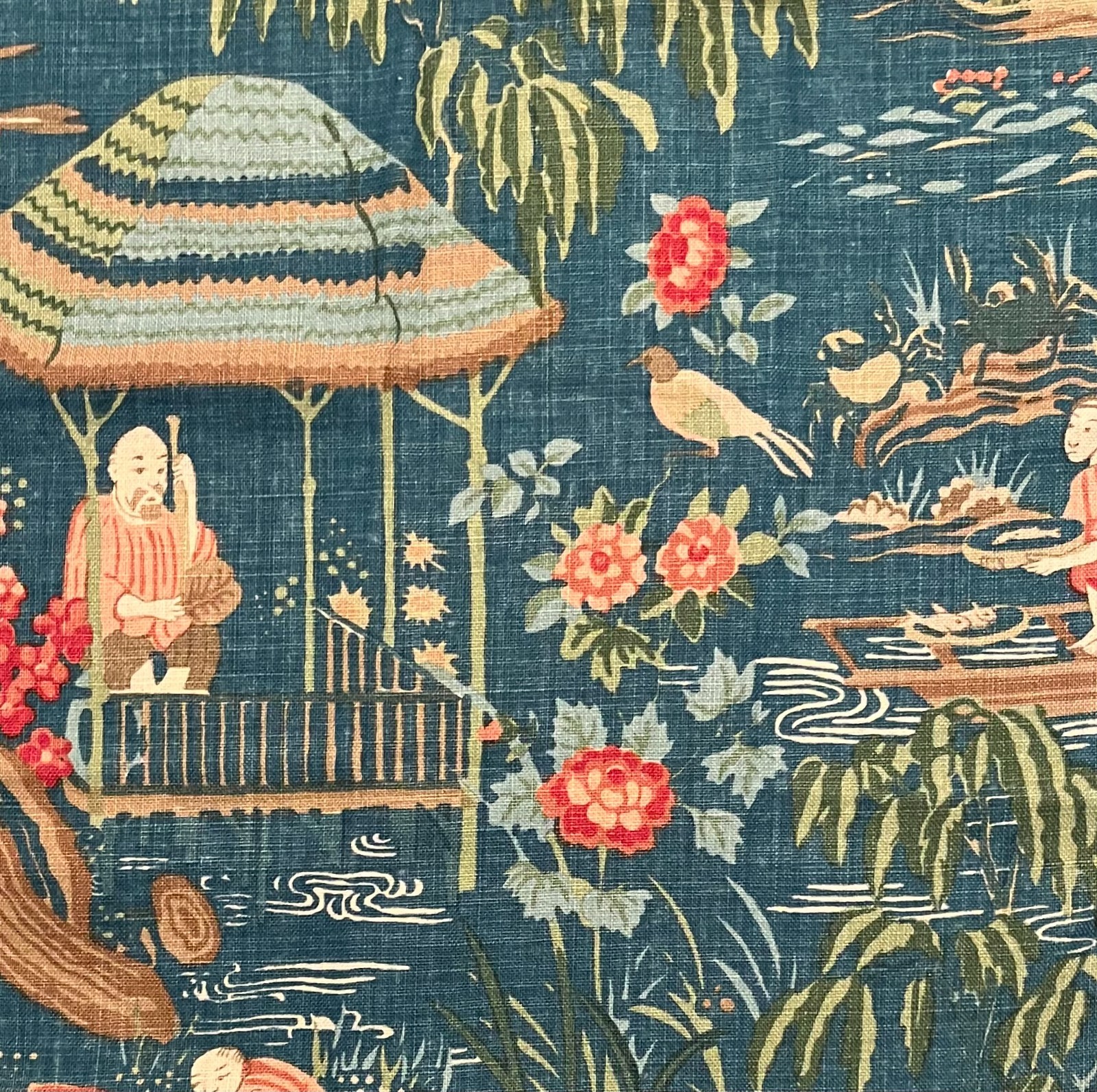 SCHUMACHER Yangtze River Peacock Chinoiserie  Printed Linen Remnant New