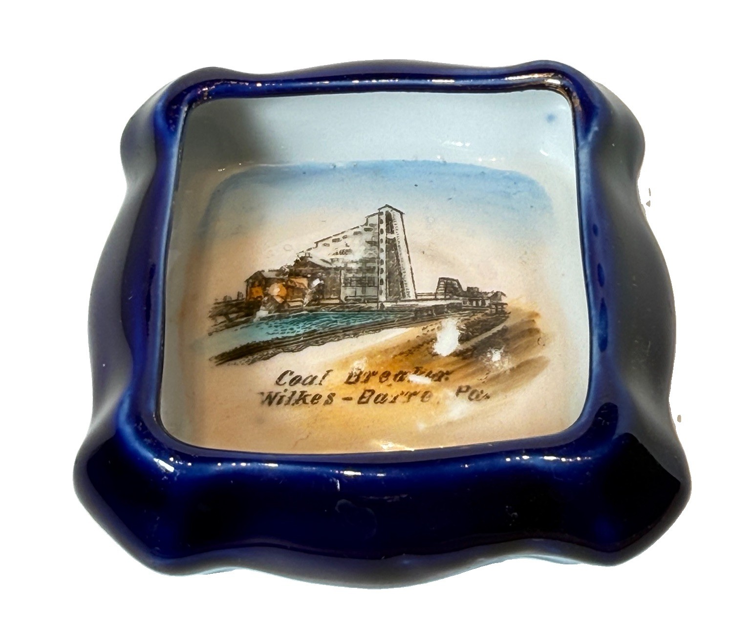 WILKES BARRE PA Pennsylvania COAL BREAKERS Antique COBALT Souvenir TRINKET DISH