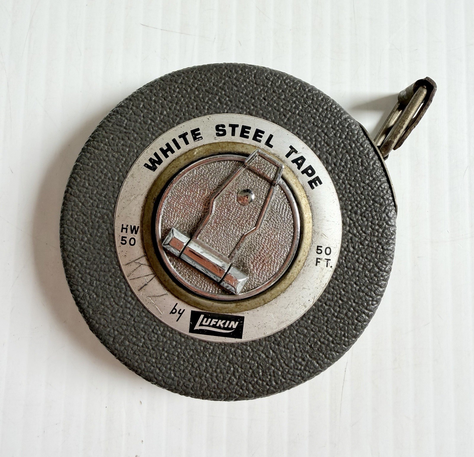 Vintage LUFKIN White Steel Tape Measure HW 50 Ft. w/ Winding Reel