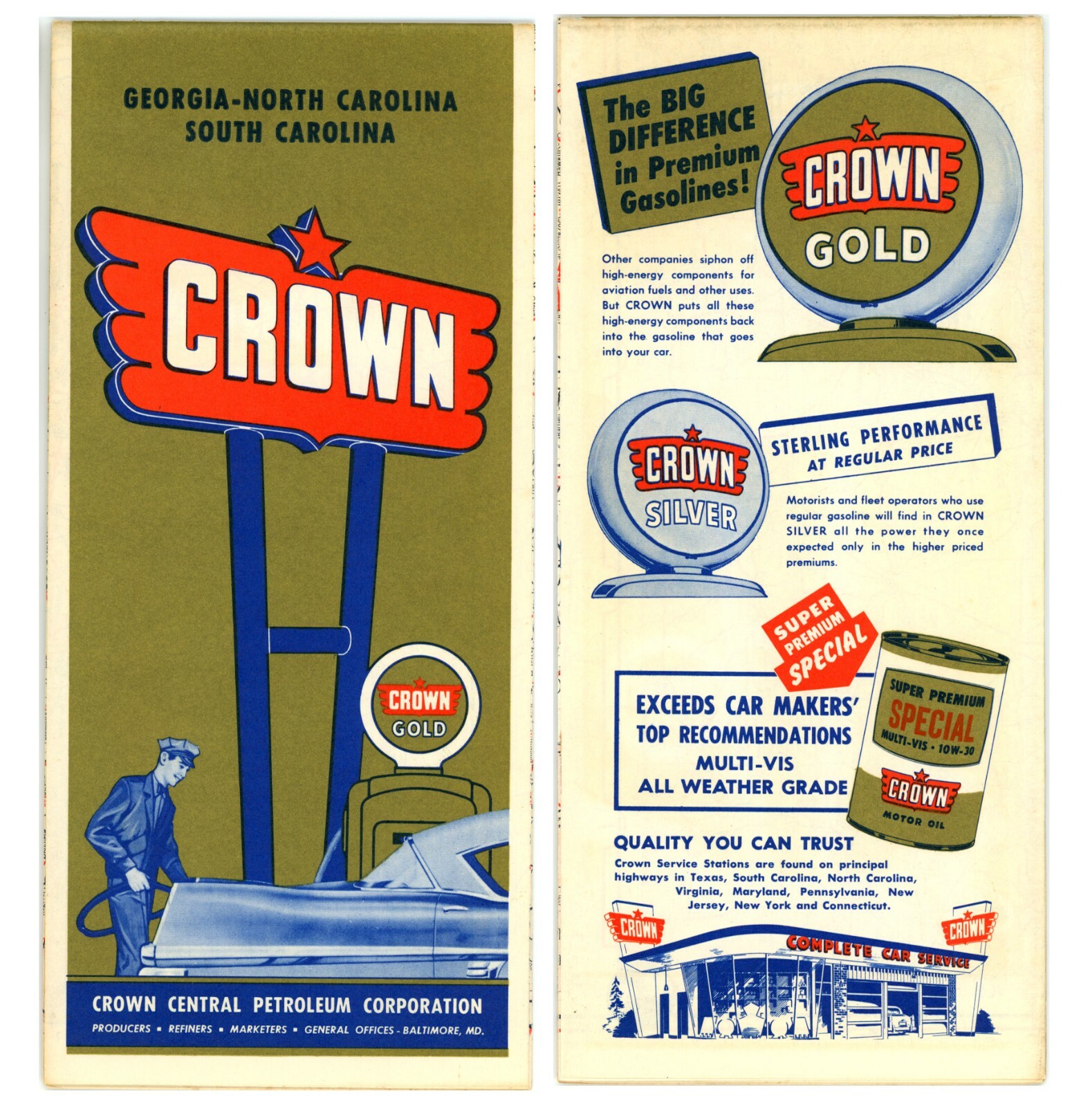 Vintage 1965 Georgia/North Carolina/South Carolina Road Map - Crown – Near Mint