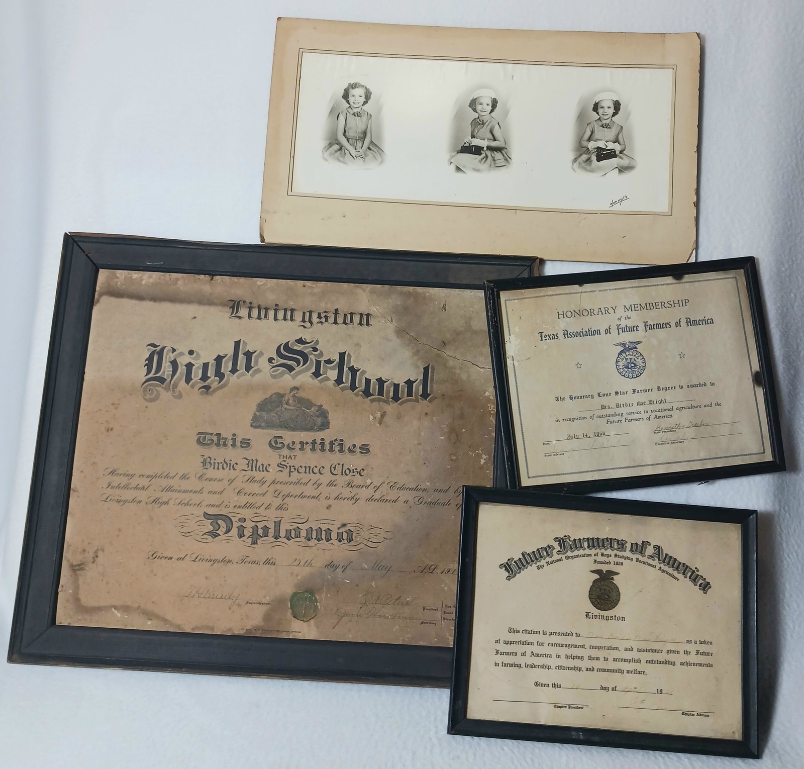 Vintage Livingston TX Historical Memorabilia Lot 1917 Diploma FFA Certificates