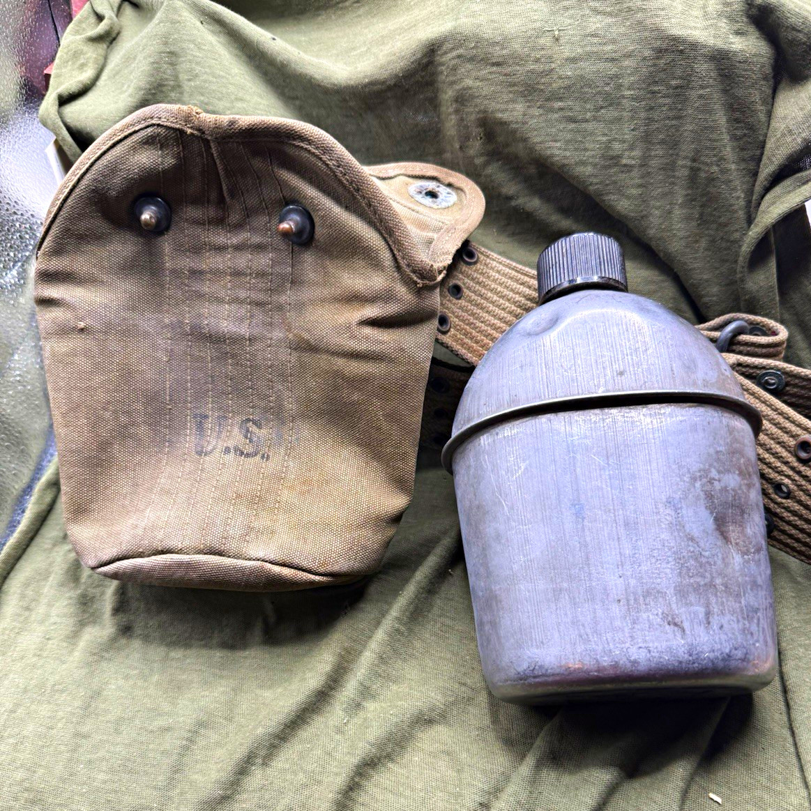 Vintage US Military Canteen w/ Canvas Cover & Web Belt Strap Marked S MCO 1943