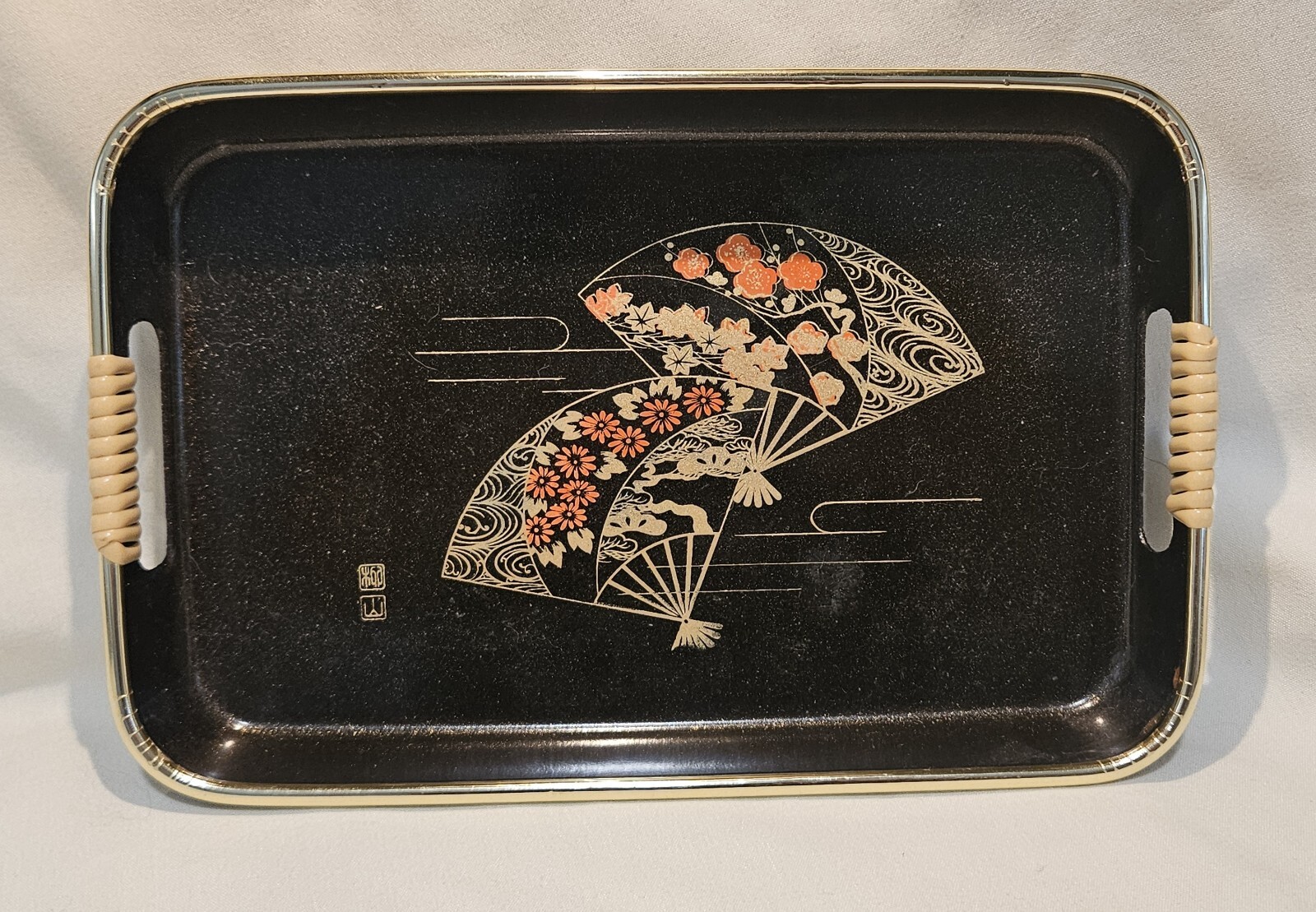 Vtg Toyo Japanese Lacquerware Enamel Serving Tray - Fans
