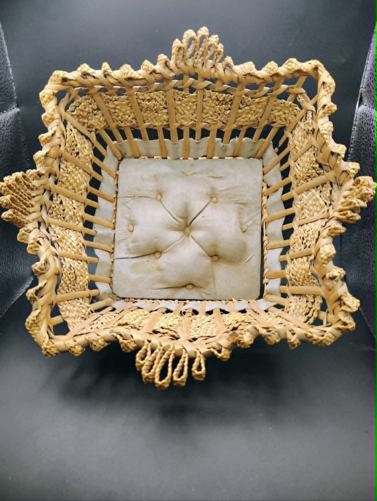Antique Victorian Reed Straw Work Sewing Basket Silk Pincushion Folk Art 1800s