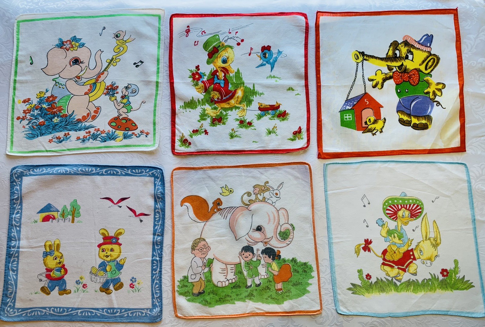 Lot of  6 Adorable Vintage Novelty Child Animal Hankie Handkerchiefs