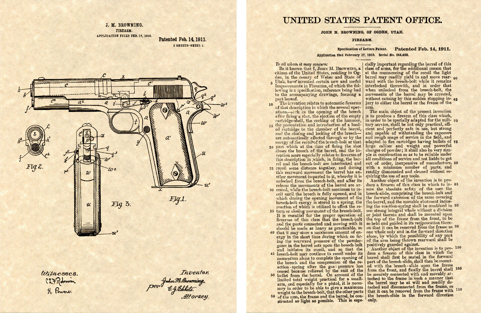 COLT 1911 Pistol 45 AUTOMATIC Patent Art Print READY TO FRAME John Browning