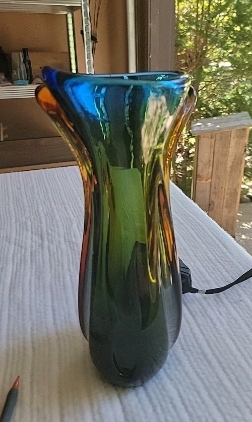 Vintage Murano Sommsero Ribbed Vase Flame Rim | Blue w/ Amber Core 12\