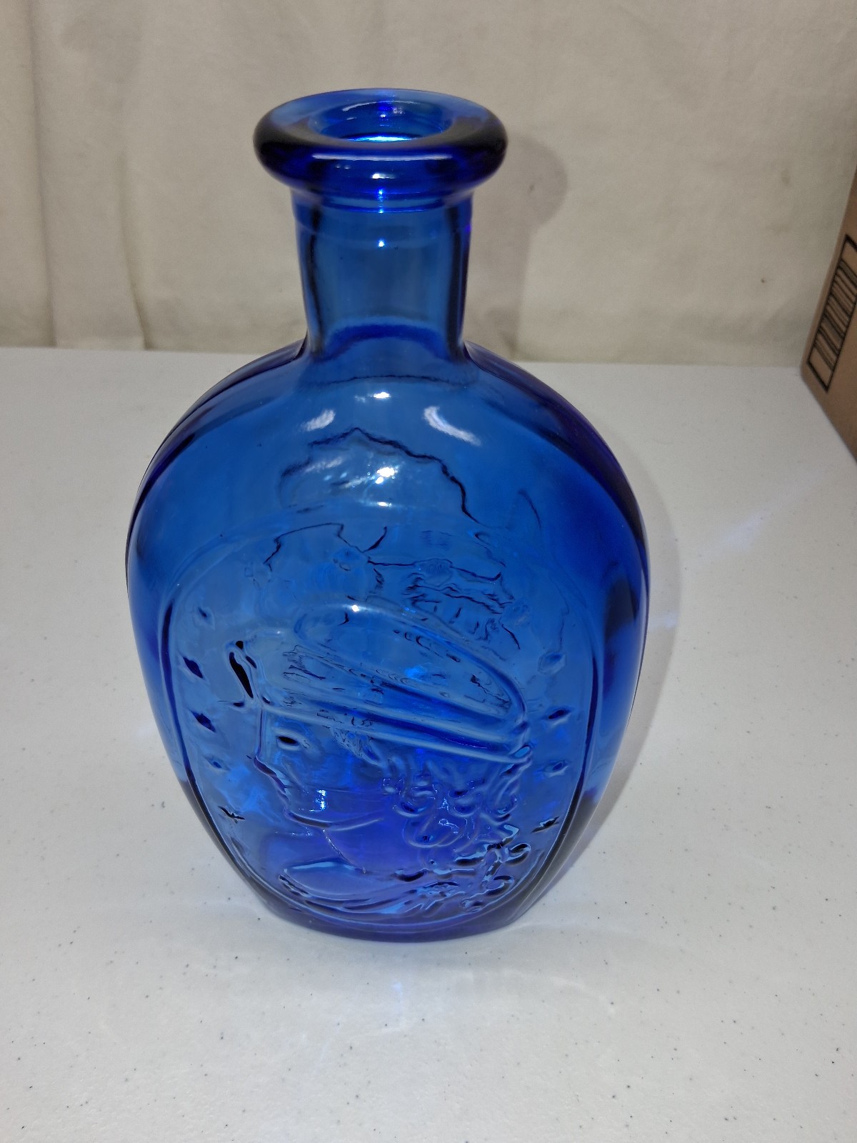 Vintage Cobalt Blue Glass American Eagle Lady Liberty Historical Flask Bottle 9” Vintage Cobalt Blue Glass American Eagle Lady Liberty Historical Flask Bottle 9”