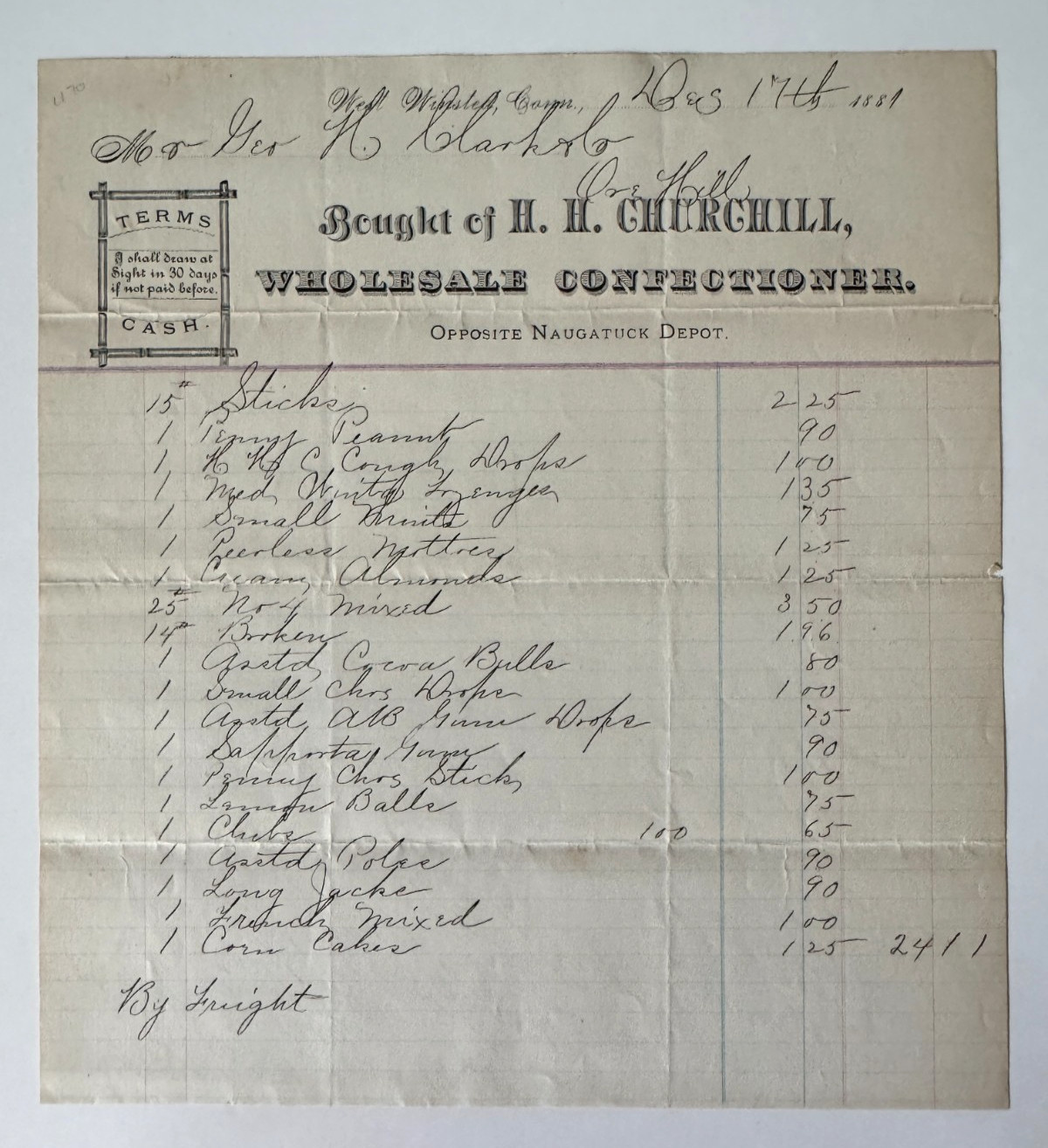 Vtg 1887 Billhead West Winsted CT opp Naugatuck Depot HH Churchill Confectioner